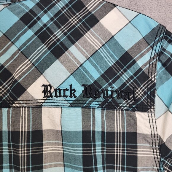 Rock Revival Shirt Mens Large Blue Plaid Button Up Western Cowboy Short Sleeve - Picture 4 of 9